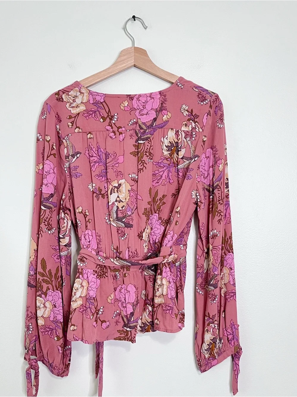 SPELL & THE GYPSY Rosa Wrap Blouse Top Pink Floral Boho Size M Long Sleeve